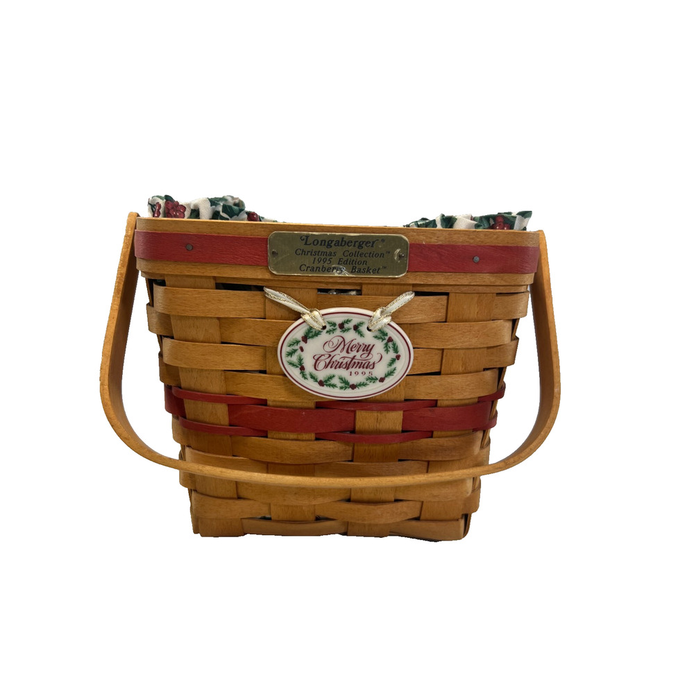 1995 Longaberger Christmas Cranberry Basket Red Trim w/Liner, Protector & Tie-On